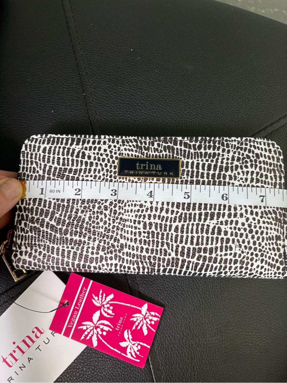 Trina Turk Black & White Textured Zip Wallet with Gold Logo Plaque - Picture 8 of 9
